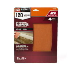 Ace 11 in. L X 9 in. W 120 Grit Aluminum Oxide All Purpose Sandpaper 4 pk