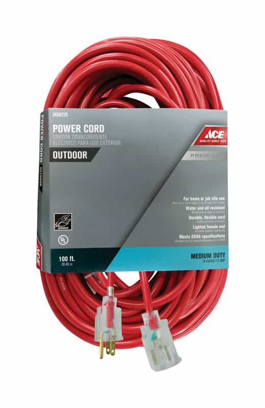 Ace Outdoor 100 ft. L Red Extension Cord 14/3 SJTOW Ace Hardware
