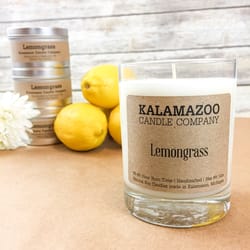 Kalamazoo Candle Company Clear glass jar with white soy wax, wood lid Lemongrass Scent Lemongrass, c