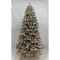 Holiday Bright Lights 7-1/2 ft. Slim LED 300 ct Flocked Evergreen 1-2 Tree Color Changing Christmas