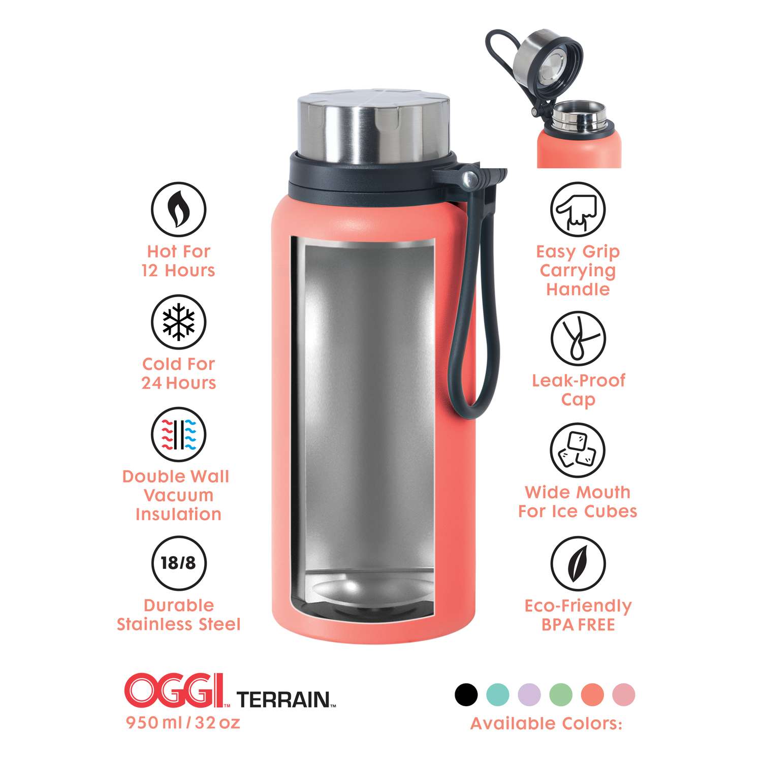 32 Oz Water Bottle with Strap, Durable Water Bottle with Times to
