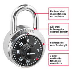 Master Lock Combination Stainless Steel Padlock w/Key Cylinder 1 7/8 in.  Wide, Black/Silver 