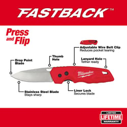 Milwaukee Fastback 7.75 in. Press and Flip Folding Pocket Knife Red 1 pc