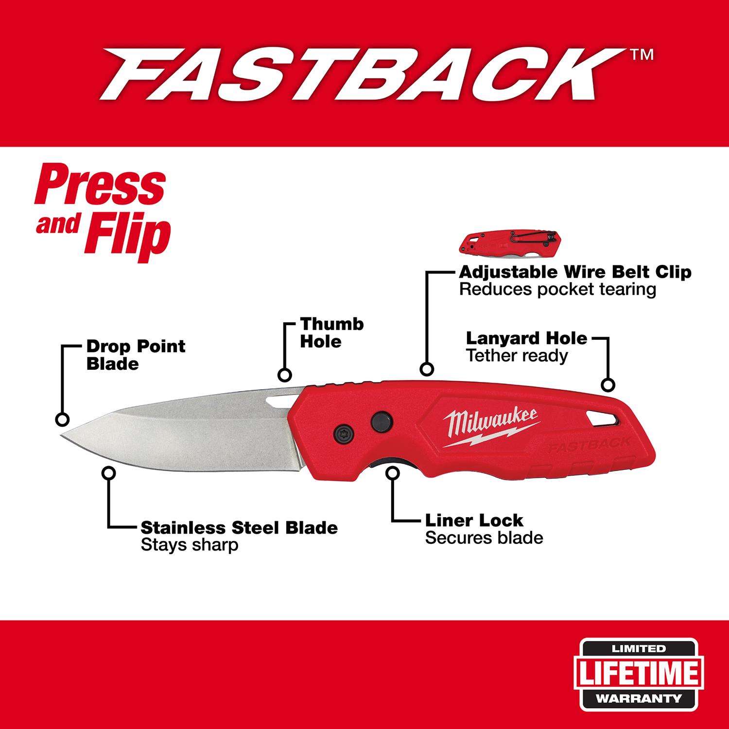 Milwaukee Fastback 7.75 in. Press and Flip Folding Pocket Knife Red 1 pc -  Ace Hardware