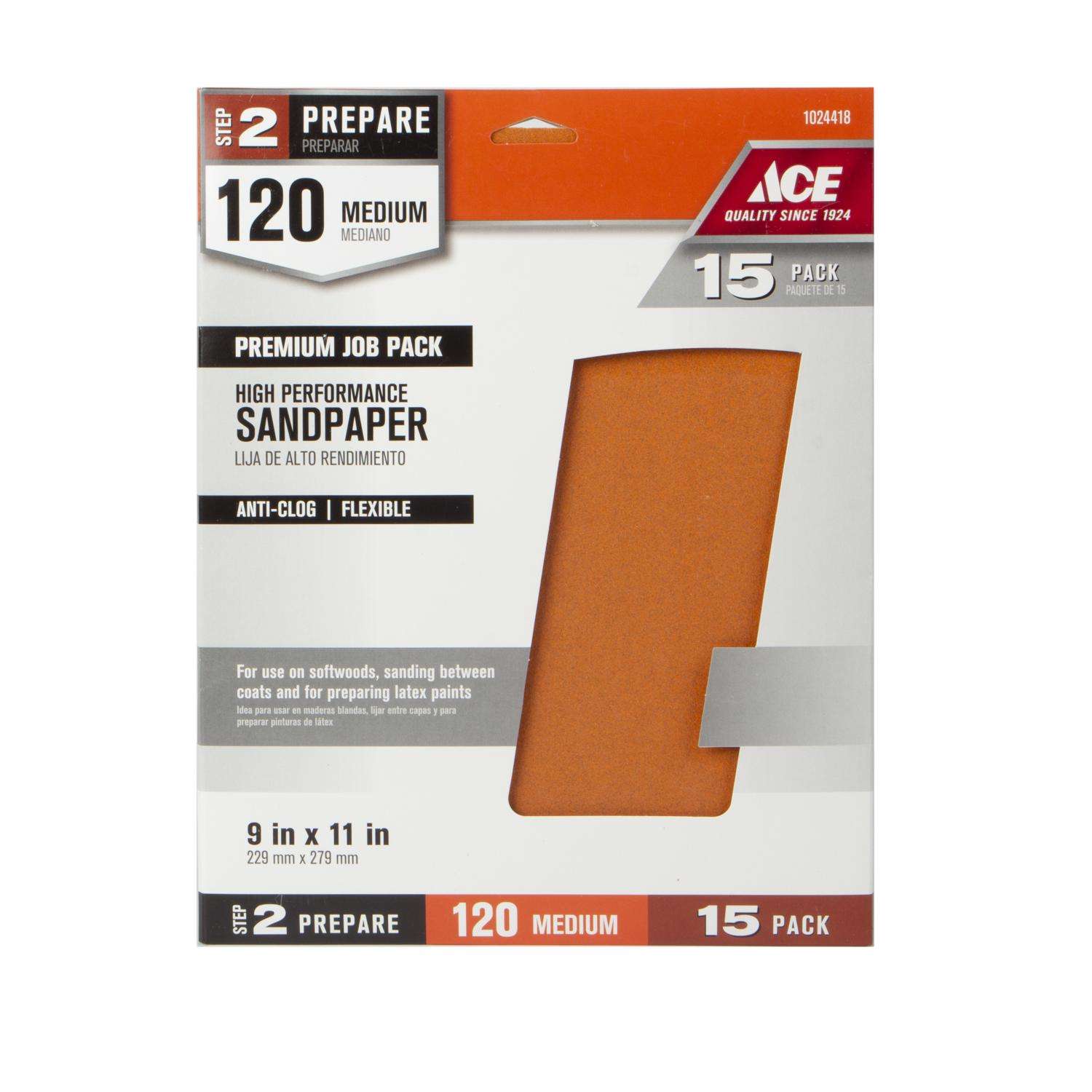 Ace 11 in. L X 9 in. W 120 Grit Aluminum Oxide All Purpose Sandpaper 15