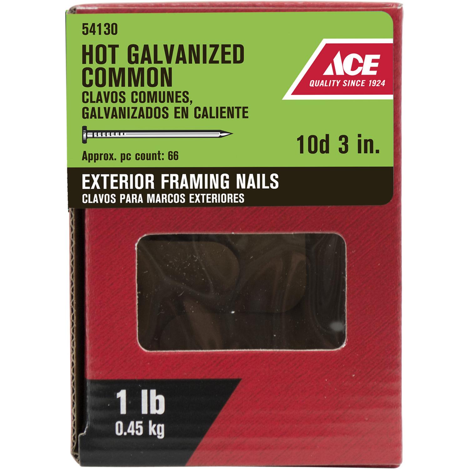 Ace 10D 3 in. Common Hot-Dipped Galvanized Steel Nail Flat Head 5 lb Ace 10D 3 in. Common Hot-Dipped Galvanized Steel Nail Flat Head 5 lb