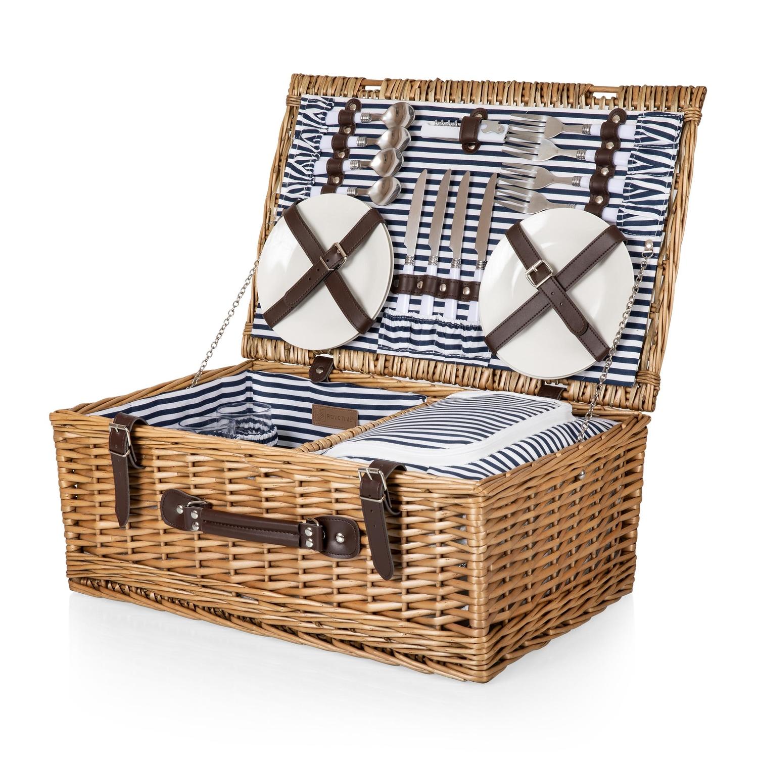 Picnic Time Blue/White Wood Picnic Basket Sansujyuku sansujyuku.com