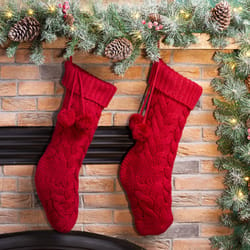 Glitzhome Red Knitted with Pom Pom Ball Christmas Stocking 1.2 in.