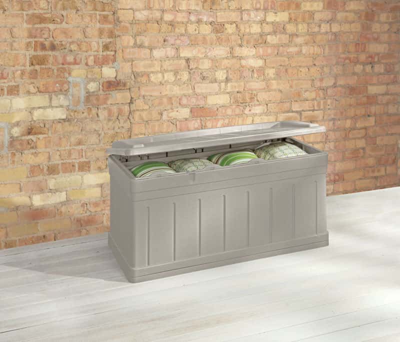 Suncast 53 in. W X 29 in. D Beige Plastic Deck Box with Seat 129 gal Suncast 53 in. W X 29 in. D Beige Plastic Deck Box with Seat 129 gal