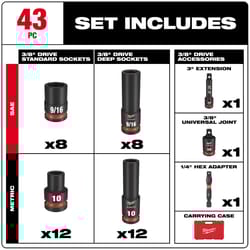 Milwaukee Shockwave 3/8 in. drive Metric/SAE 6 Point Standard/Deep Impact Rated Socket Set 43 pc