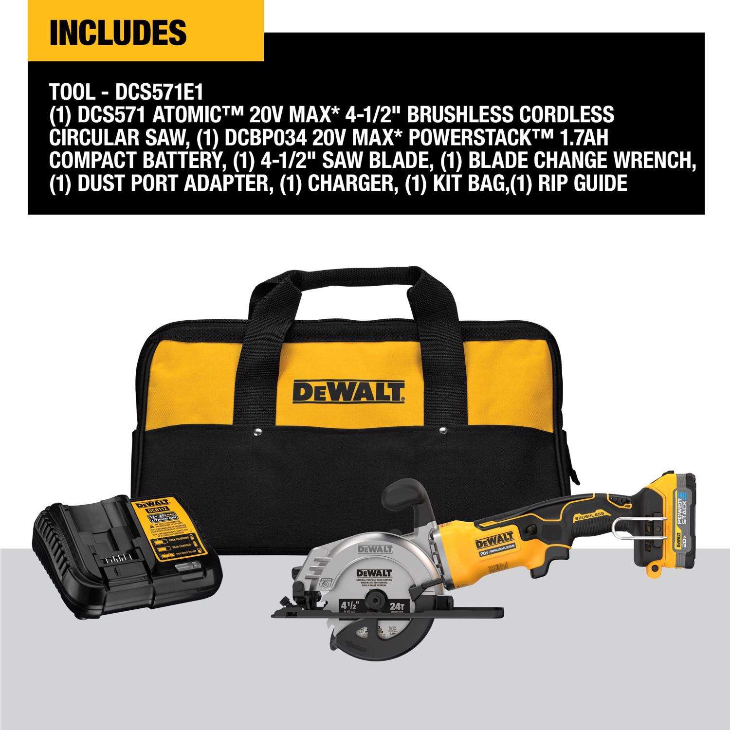 DeWalt 20V MAX ATOMIC w POWERSTACK 4 1 2 in. Cordless Brushless Circular Saw Kit Battery Charger Mfr DCS571E1 Ace Hardware