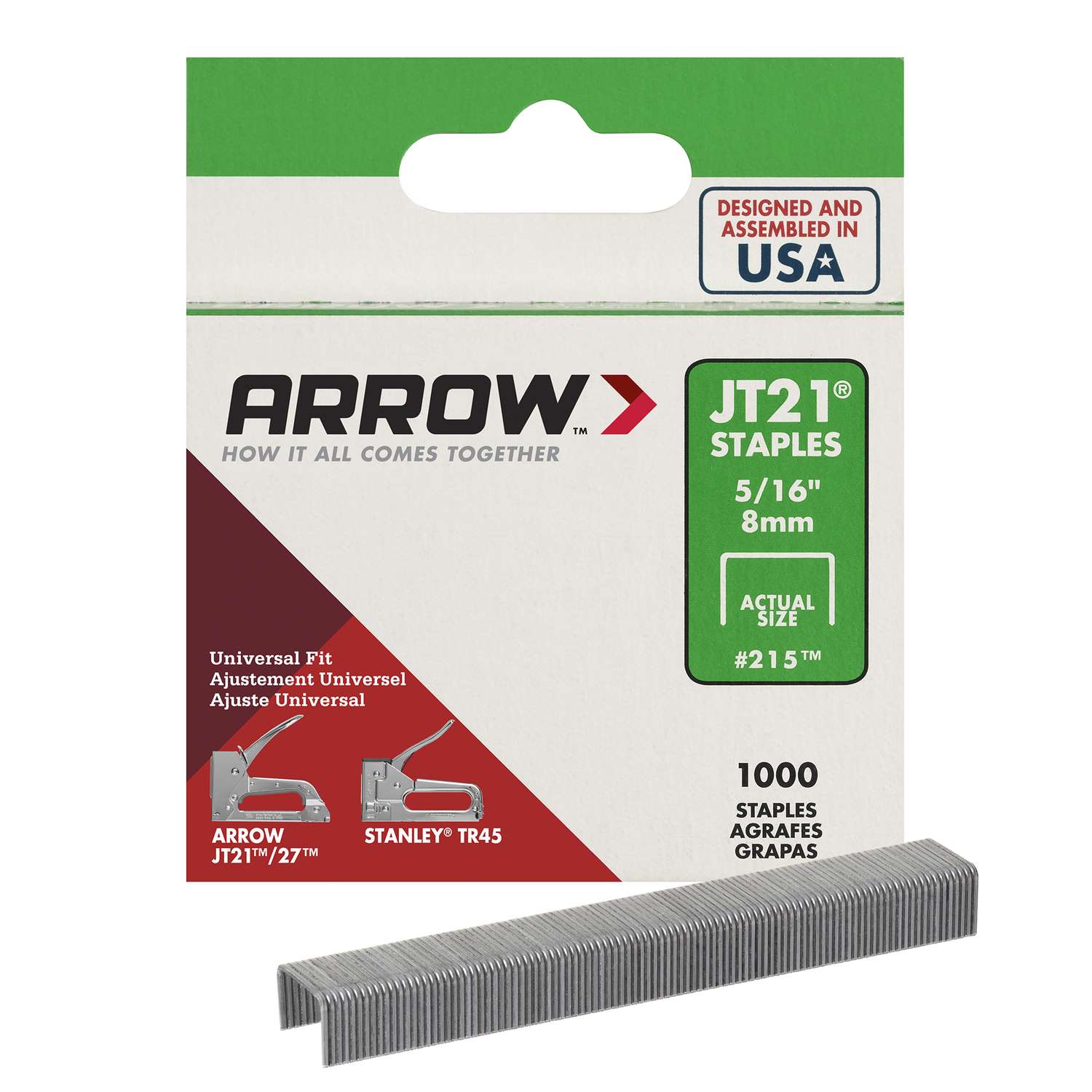1000 #215 Arrow 5/16" W 7/16" L Wide Crown Light Duty Staples JT21 Office Box 