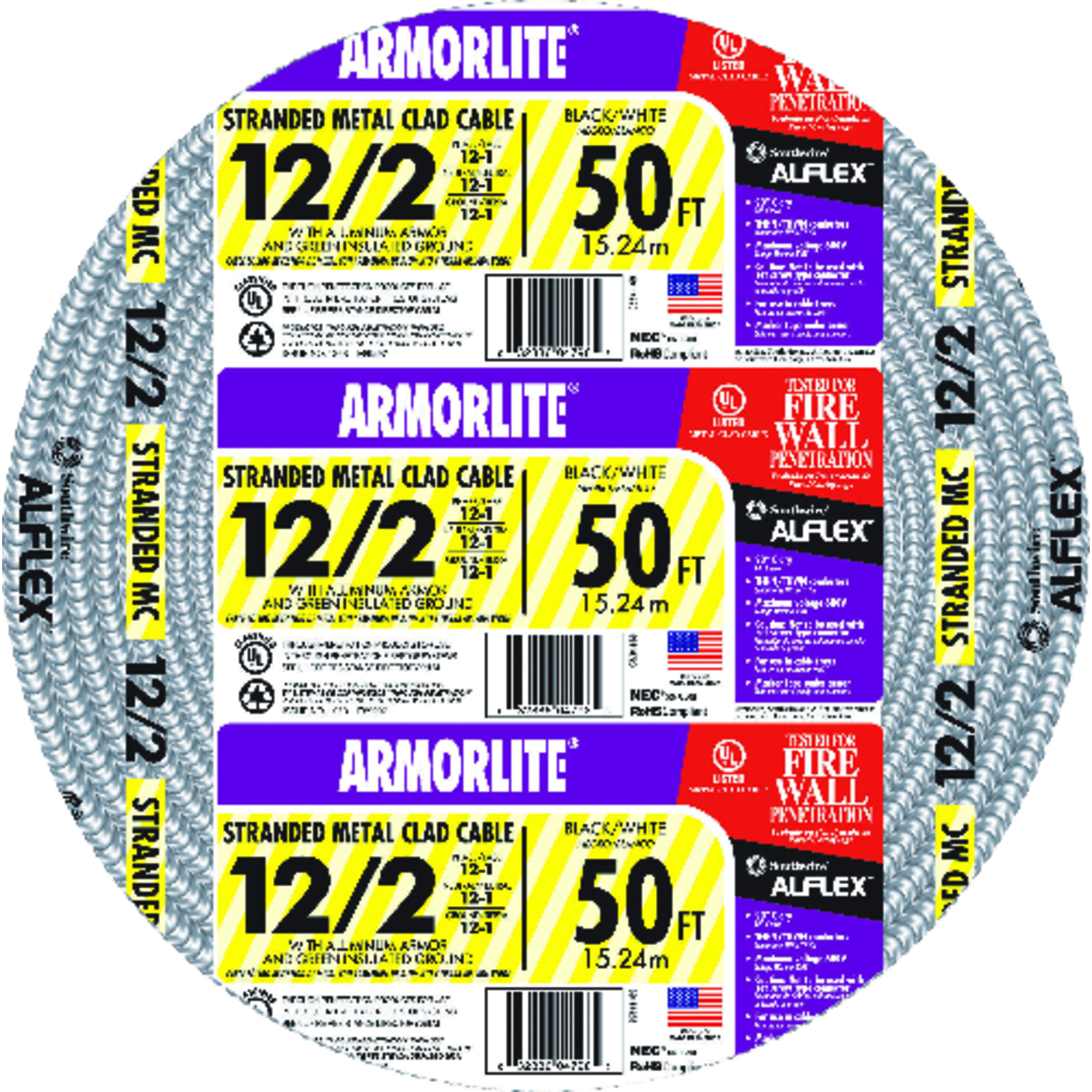 Southwire 50 ft. 12/2 Stranded Aluminum Armored MC Metal Clad Cable