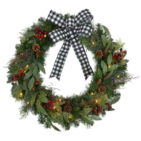 30” White Flocked Cordless Pre-Lit Indoor/Outdoor Wreath @