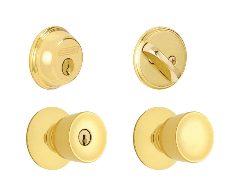 UPC 043156171354 product image for Schlage Plymouth Bright Brass Steel Knob and Single Cylinder Deadbolt ANSI Grade | upcitemdb.com