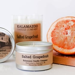 Kalamazoo Candle Company Clear glass jar with white soy wax, wood lid Salted Grapefruit Scent Salted