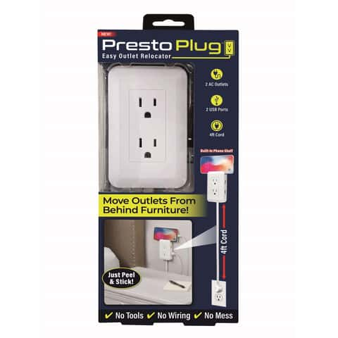 Ontel Presto Plug Outlet Extender for Relocating Unreachable Power Outlets,  4ft Cord, Sticks Easily on Wall, Provides Surge Protection, 2 AC Outlets, 2  USB Ports & Built-in Shelf 