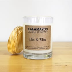 Kalamazoo Candle Company Clear glass jar with white soy wax, wood lid Lilac & Willow Scent Lilac & W