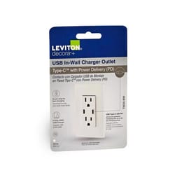 Leviton Decora 15 amps 125 V Duplex and Type C White Outlet and USB Charger 5-15 R 1 pk