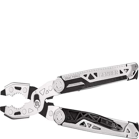Gerber Dual-Force Multi-Tool 4.65 Closed, Silver and Black Steel Handles,  Fabric Sheath - KnifeCenter - 30-001721