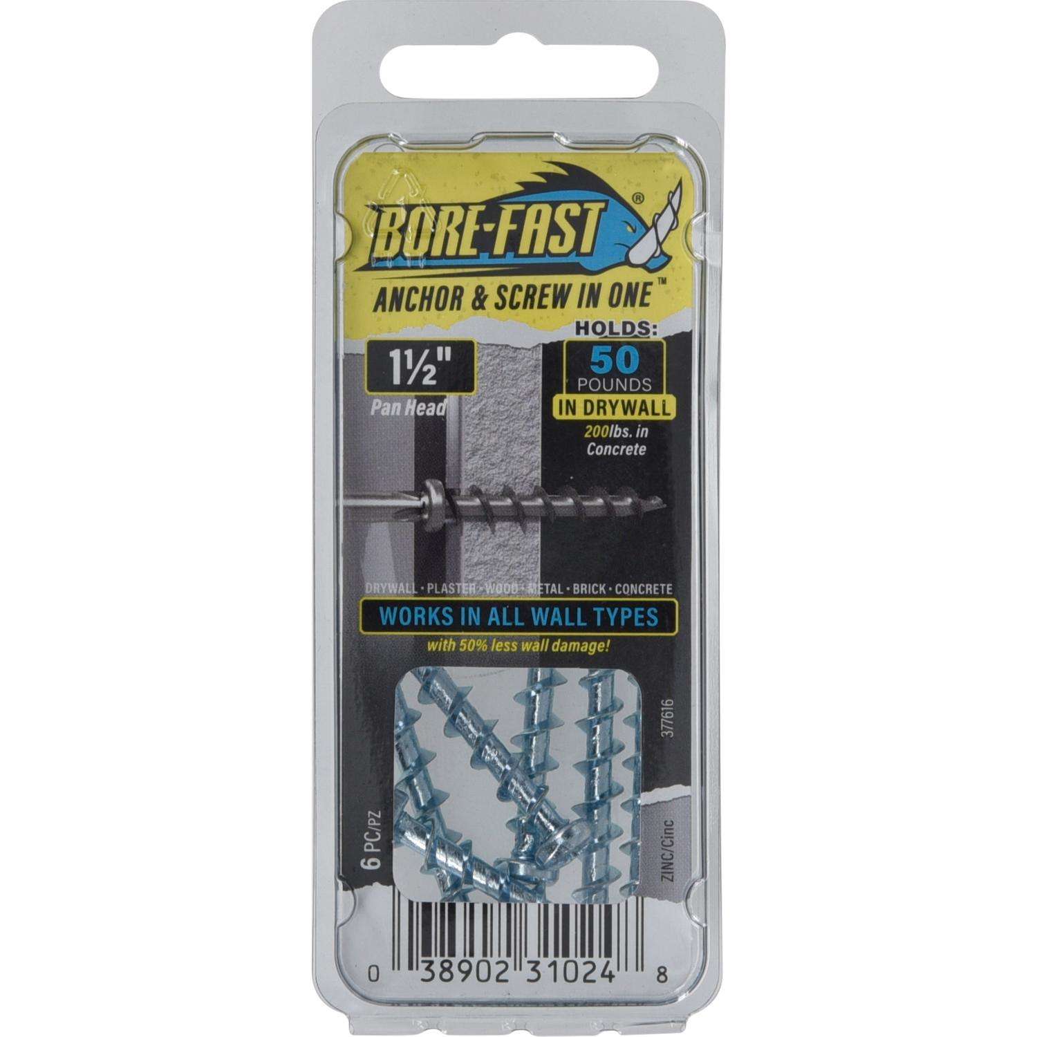 BoreFast 3/16 in. D X 11/2 in. L Steel Pan Head Screw and Anchor 6 pc