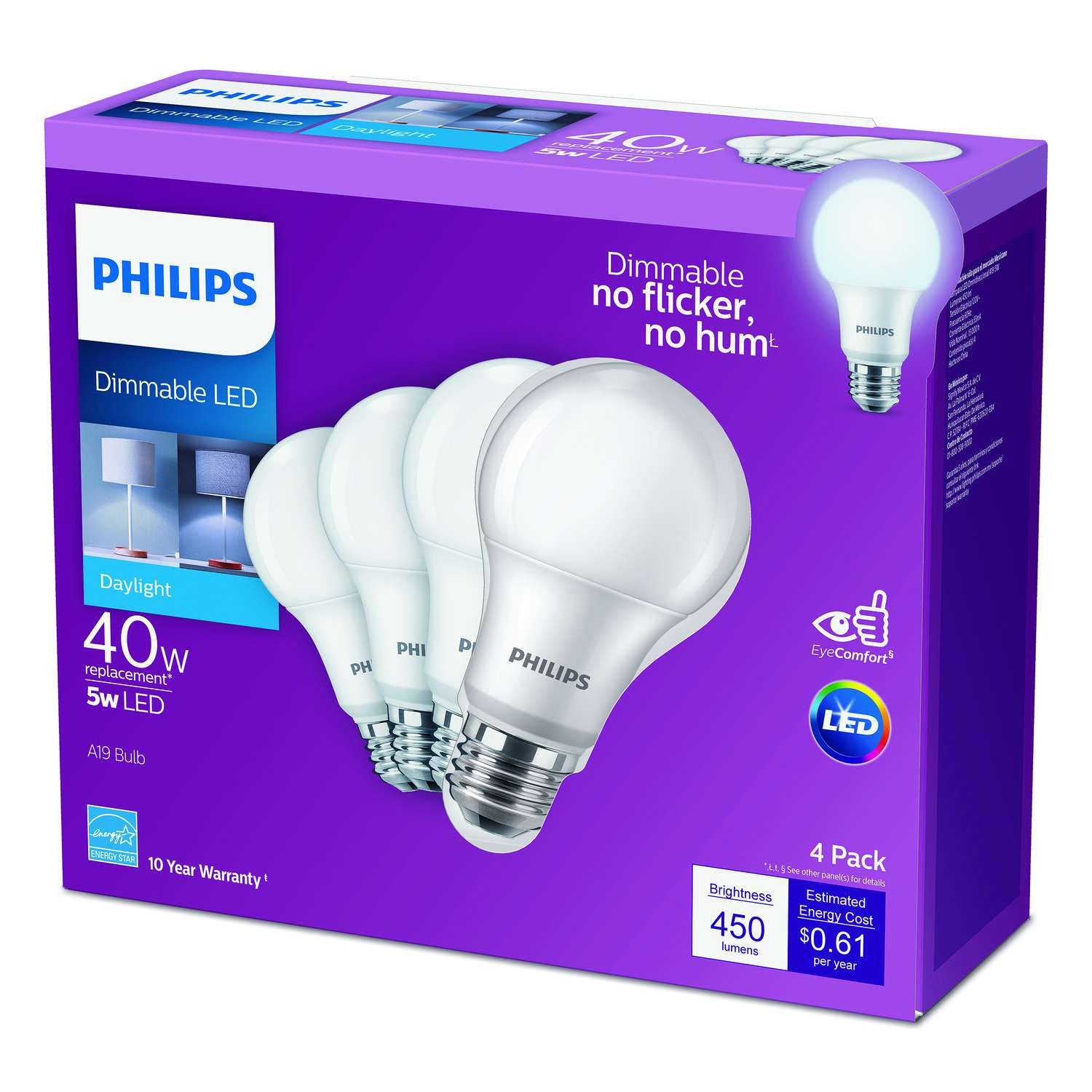 Philips A19 E26 (Medium) LED Bulb Daylight 40 Watt Equivalence 4 pk