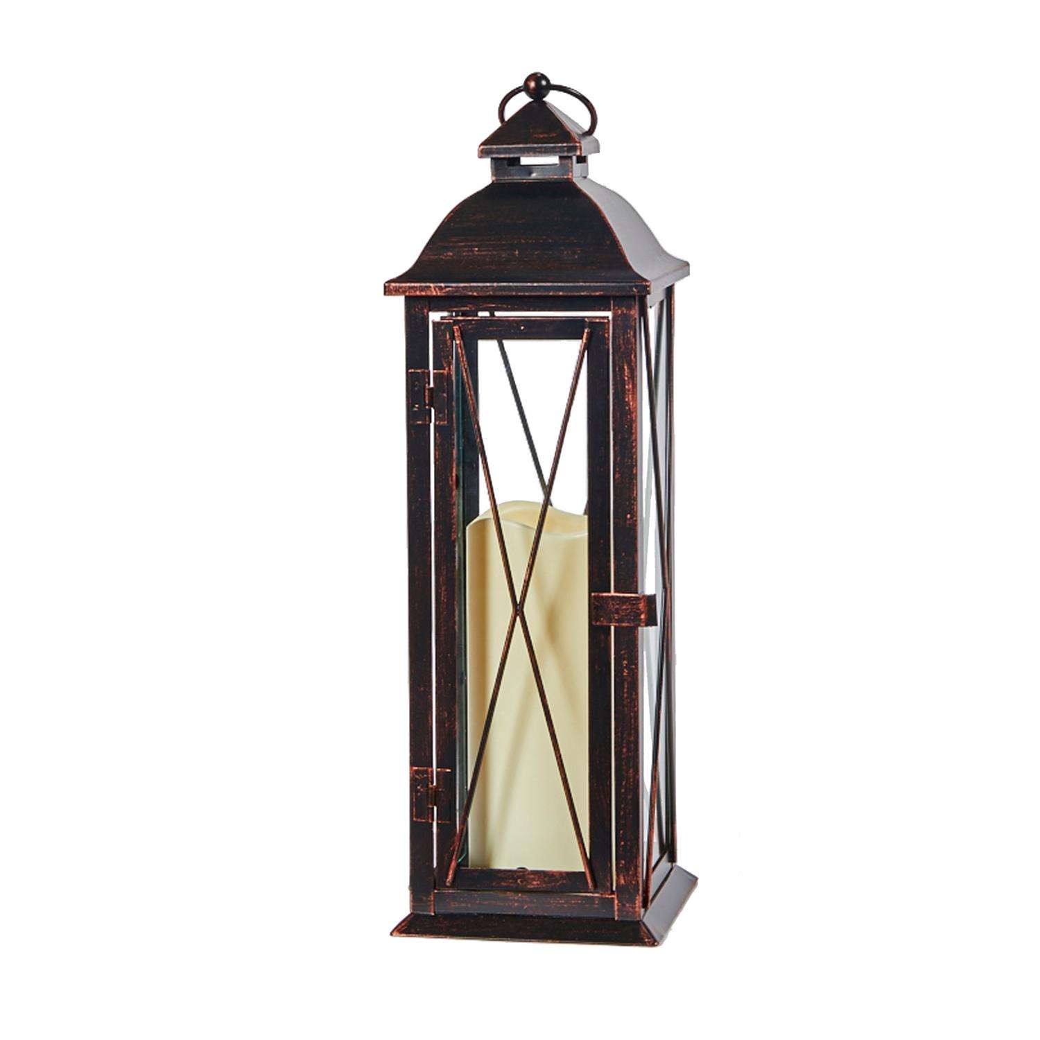 Smart Living 16 in. Glass/Metal Siena Bronze LED Candle Lantern