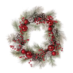 Glitzhome 24 in. D Artificial Flocked Pinecone and Ornament Wreath