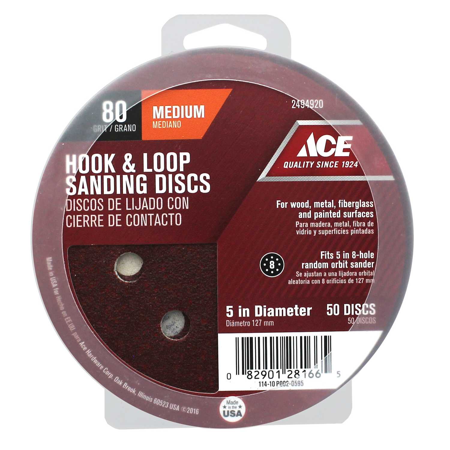Ace 5 in. Aluminum Oxide Hook and Loop Sanding Disc 80 Grit Medium 50