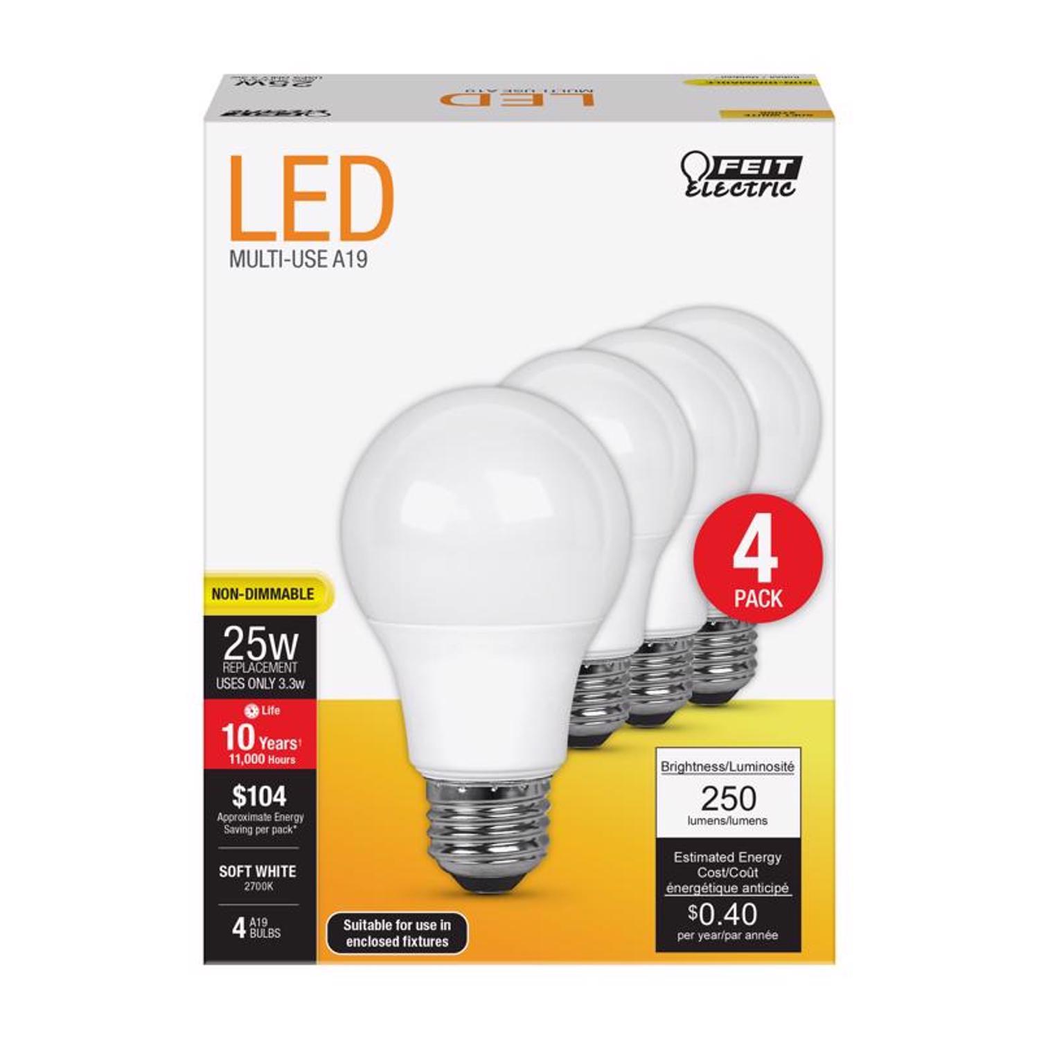 Feit LED A19 E26 (Medium) LED Bulb Soft White 25 Watt Equivalence 4 Pk ...