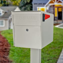 Mail Boss Modern Galvanized Steel Post Mount White Locking Mailbox