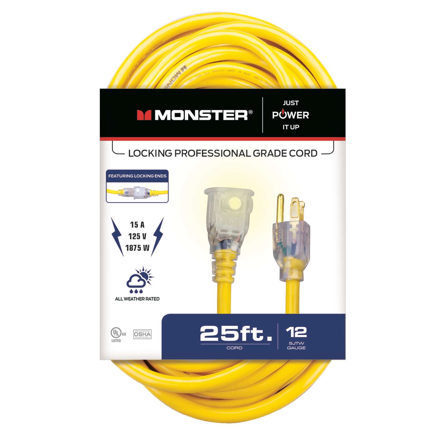 Monster Just Power It Up Outdoor 25 ft. L Yellow Extension Cord 12/3 SJTW  Ace Hardware