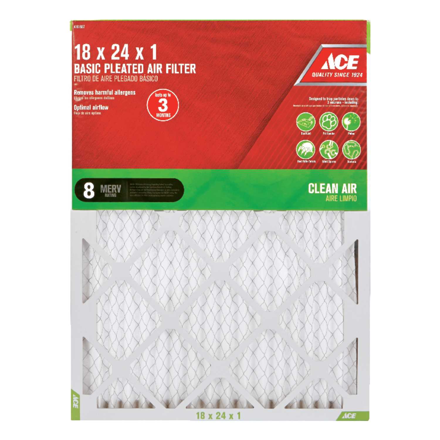 Ace 24 in. H x 18 in. W x 1 in. D Pleated 8 MERV Air Filter Ace Hardware