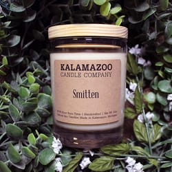 Kalamazoo Candle Company Clear glass jar with white soy wax, wood lid Smitten Scent Smitten, clear g