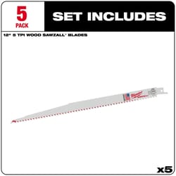 Milwaukee Sawzall 12 in. Bi-Metal Thin Kerf Reciprocating Saw Blade 5 TPI 5 pk
