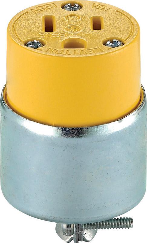 thumbnail interactive-video image 1 of Leviton 515PA-000 Commercial Armored Straight Blade Plug - Yellow, 15A 125V, Heavy Duty, Made In Mexico, 078477841686 1 of 2