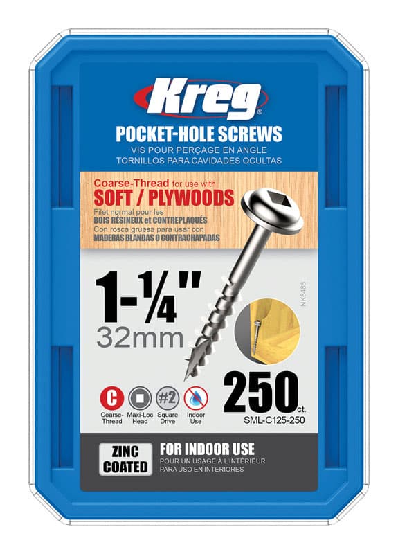 Kreg SML-C125-250 Zinc Pocket Screws  1 1/4 Inch #8 Coarse Thread  Maxi-Loc Head 2 Pack 