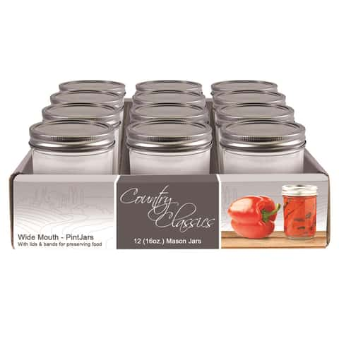 Choice 16 oz. Pint Wide Mouth Canning / Mason Jar with Silver Metal Lid and  Band - 12/Pack