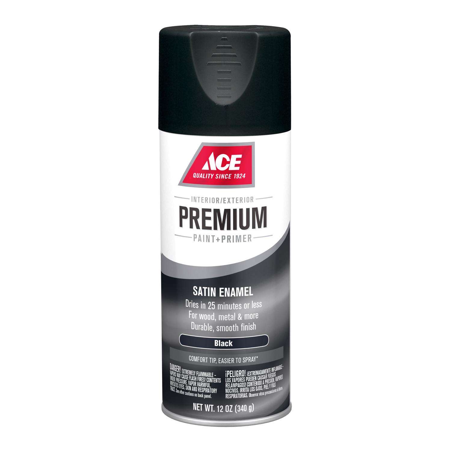 Ace Premium Satin Black Paint + Primer Enamel Spray 12 oz - Ace Hardware