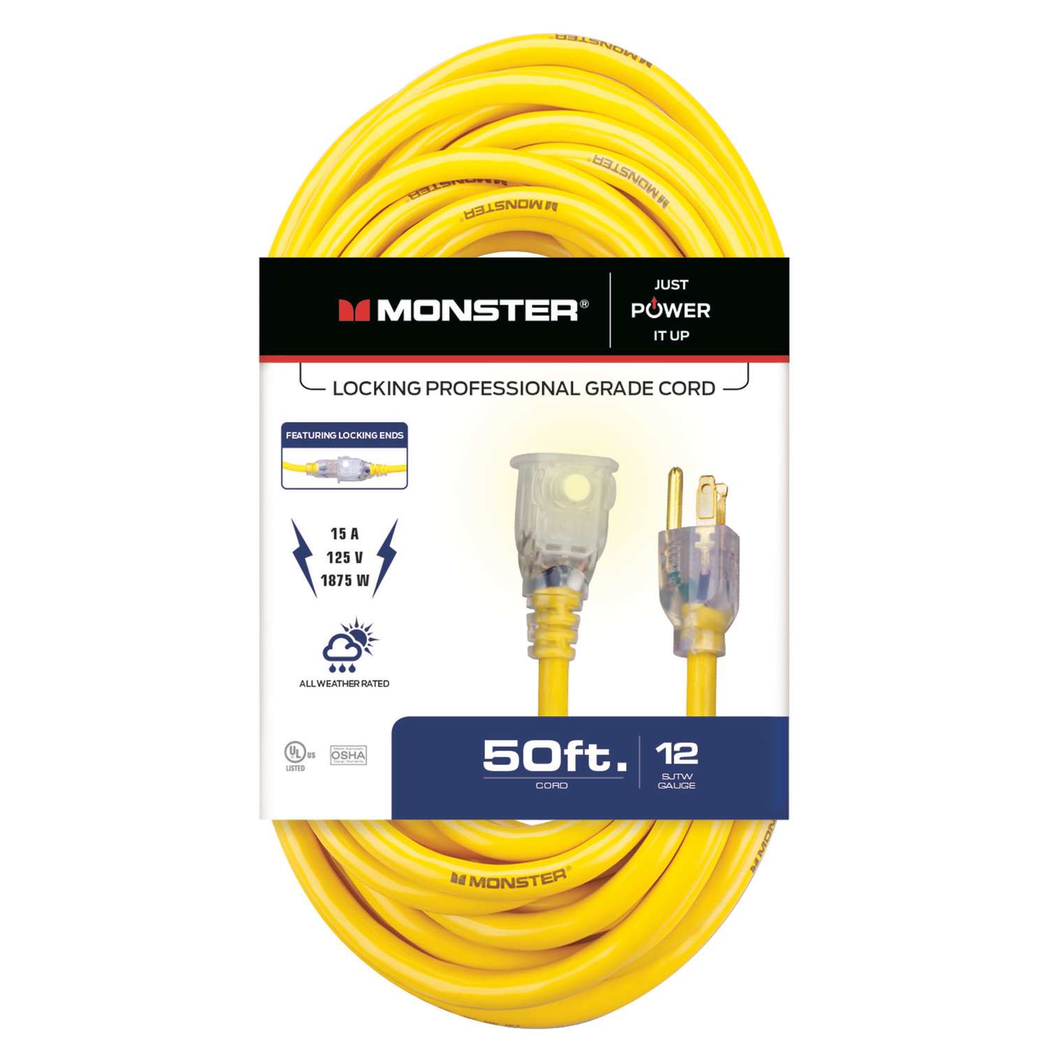 Monster Just Power It Up Outdoor 50 ft. L Yellow Extension Cord 12/3