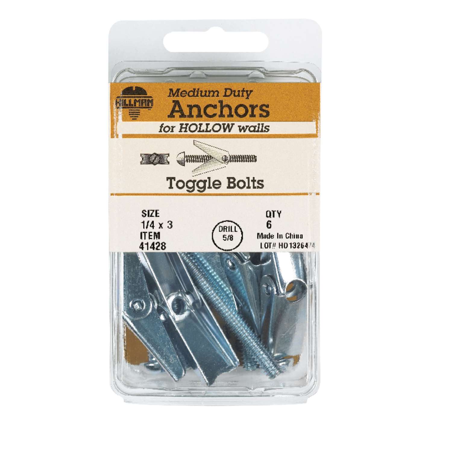 Hillman 1/4 in. D X 3 in. L Round Steel Toggle Bolt 6 pk Hillman 1/4 in. D X 3 in. L Round Steel Toggle Bolt 6 pk