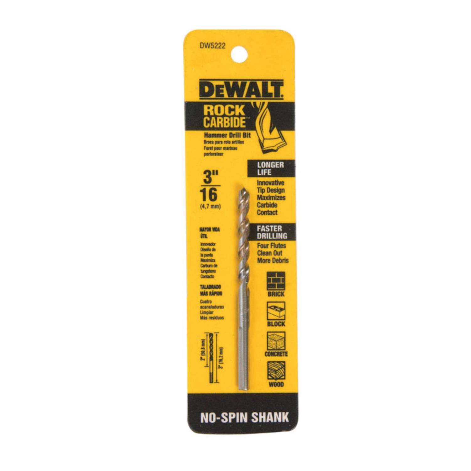 DeWalt 3/16 in. S X 3 in. L Carbide Tipped Percussion Drill Bit 1 pc
