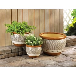 Summerfield Terrace Brown Trim Ceramic 3 Assorted Size Round Planter Set Tan/White