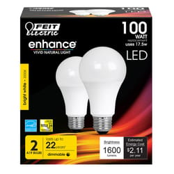 Feit Enhance A19 E26 (Medium) LED Bulb Bright White 100 Watt Equivalence 2 pk