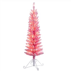 Haute Decor 4 ft. Slim Incandescent 50 ct Pink Cotton Candy Flocked Fir Christmas Tree