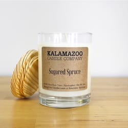 Kalamazoo Candle Company Clear glass jar with white soy wax, wood lid Sugared Spruce Scent Sugared S