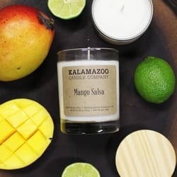 Kalamazoo Candle Company Clear glass jar, kraft lable, wood lid, white soy wax Mango Salsa Scent Man