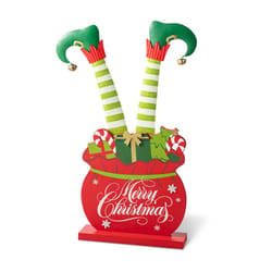 Glitzhome Merry Christmas Elf Legs in Gift Box 25 in. Porch Sign