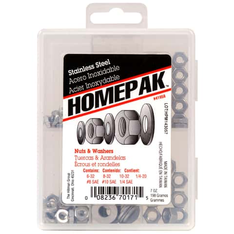 Homepak Assorted in. Stainless Steel SAE Nuts and Washers Kit 100 pk Homepak Assorted in. Stainless Steel SAE Nuts and Washers Kit 100 pk