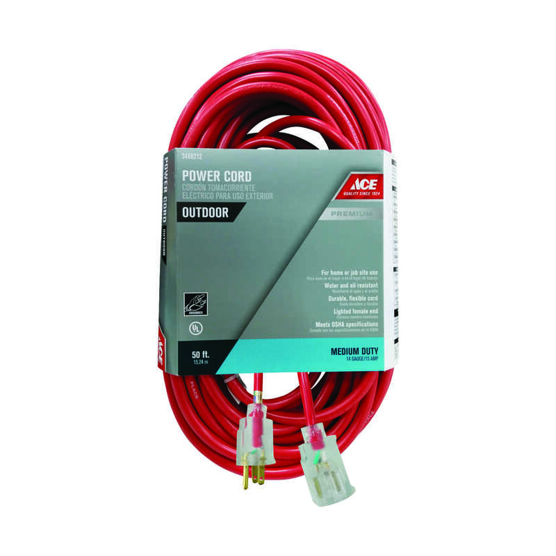 Ace Outdoor 50 ft. L Red Extension Cord 14/3 SJTOW Ace